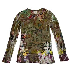 G G Girl Abstract Graphic Long Sleeve Top Artsy Y2K Knit Tee Graffiti Inspired